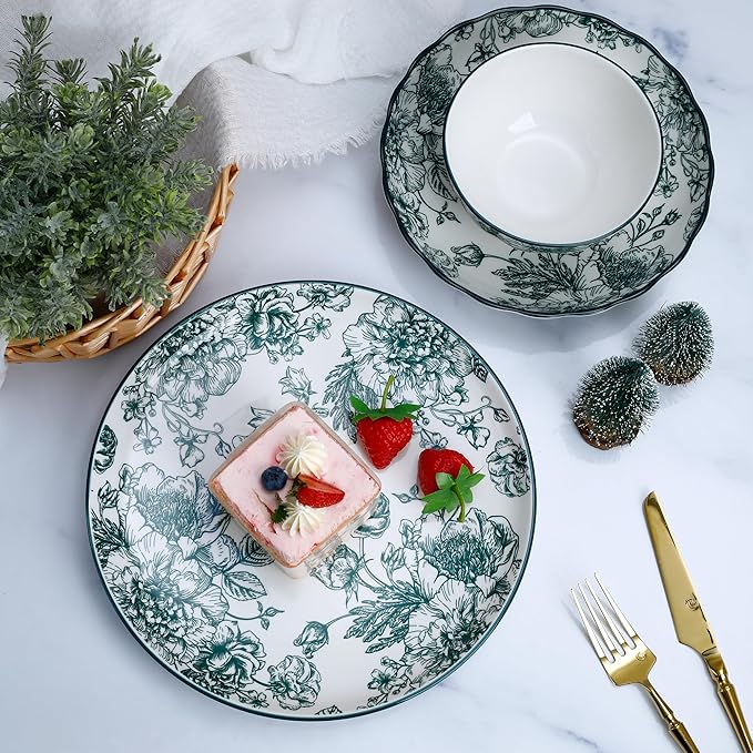 12-Piece Dinnerware Set for 4 Green Floral Porcelain Plates &amp Bowls Microwave and Dishwasher Safe