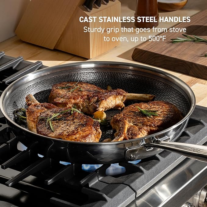 T-fal HybridMesh Tri-Ply Stainless Steel Fry Pan 8 Inch Induction Oven Safe 500F Metal Utensil Safe Ideal For Searing Cookware Dishwasher Safe Pots and Pans Needs Pre-Heating Silver/Black