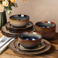 TheTerra Stoneware Dinnerware Sets for 4 12 Pieces Ceramic Plates and Bowls Sets Scratch Resistant Embossed Dish Set Oven Microwave &amp Dishwasher Safe Coca Mocha