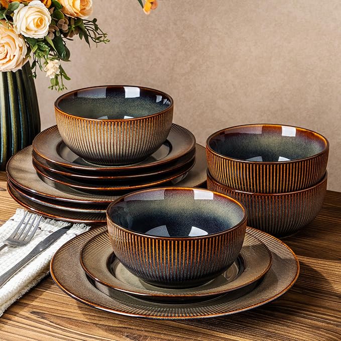 TheTerra Stoneware Dinnerware Sets for 4 12 Pieces Ceramic Plates and Bowls Sets Scratch Resistant Embossed Dish Set Oven Microwave &amp Dishwasher Safe Coca Mocha