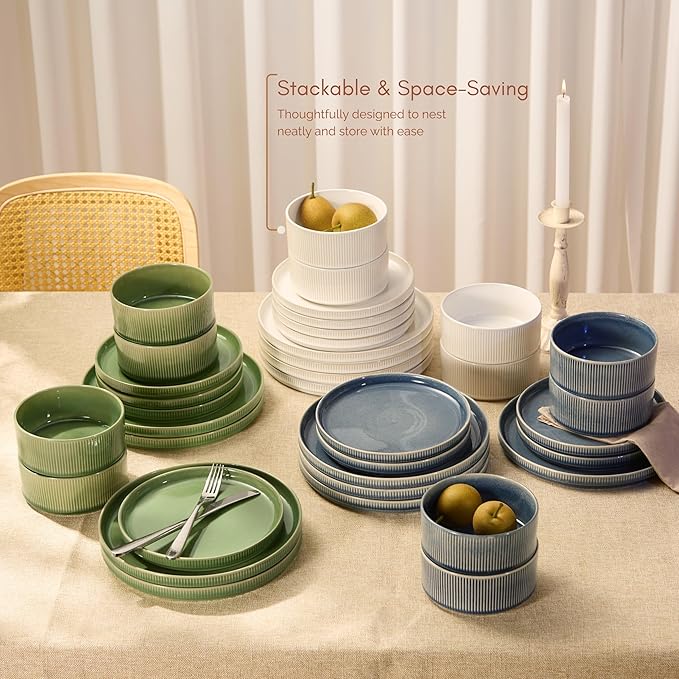 Ceramic Dinnerware Set by Vase and Vessel 12-Piece Service for 4 9.8” Dinner Plates 8” Salad Plates 20 oz Bowls Ombre Reactive Glaze Durable Stoneware Microwave &amp Dishwasher (Denim)