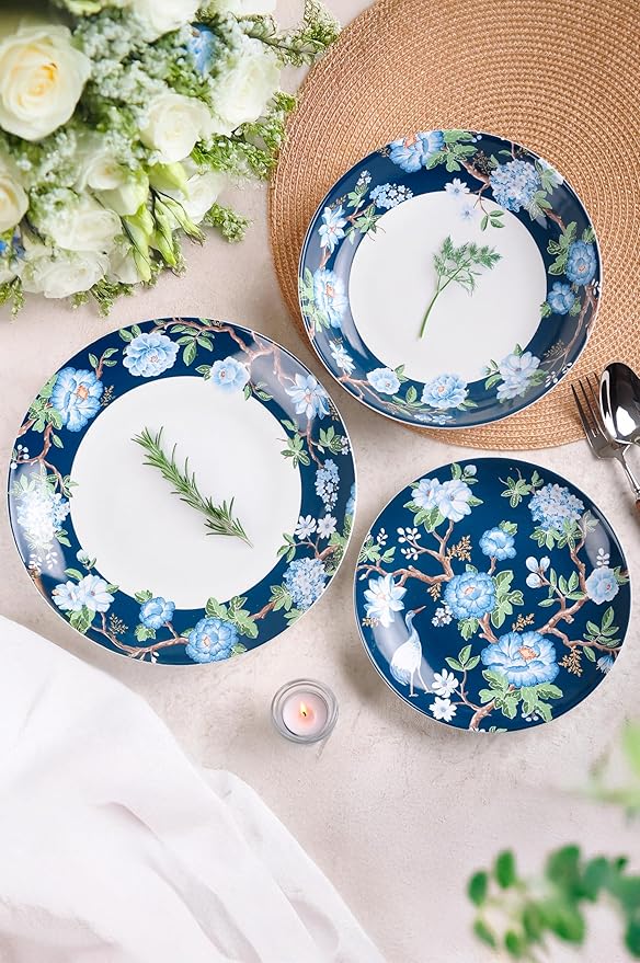 222 Fifth 12-Piece Porcelain Dinnerware Set for 4 Luxury White &amp Bohemian Blue Plates and Bowls Set Glossy Ceramic Dish Set with Detailed Floral Microwave &amp Dishwasher Safe Dishes Nighting