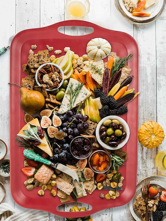 Extra Large Serving Tray with Handles 20x13 inch Set of 2 Melamine Platters for Serving Food Turkey Cookie Rectangular Trays for Eating Raised Dots Matt Finished Dishwasher Safe Red