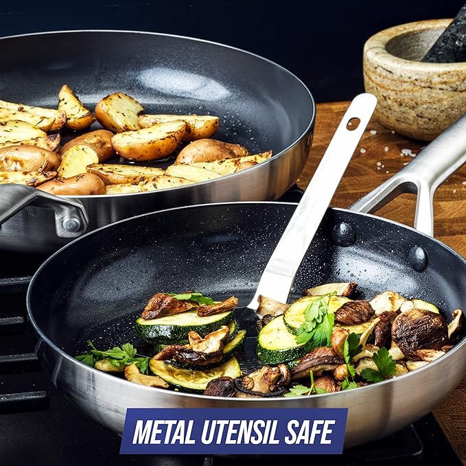 Blue Diamond Cookware Tri-Ply Stainless Steel Ceramic Nonstick 7 Piece Cookware Pots and Pans Set PFAS-Free Multi Clad Induction Dishwasher Safe Oven Safe Silver