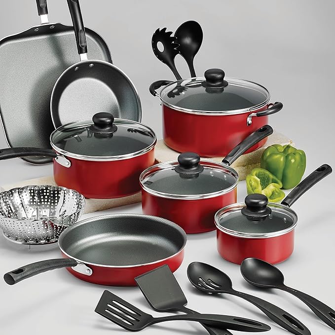 18-Piece Non-Stick Cooking Set (Steel Gray) – Versatile Easy-Clean Compatible with Multiple Stove Types (Red)
