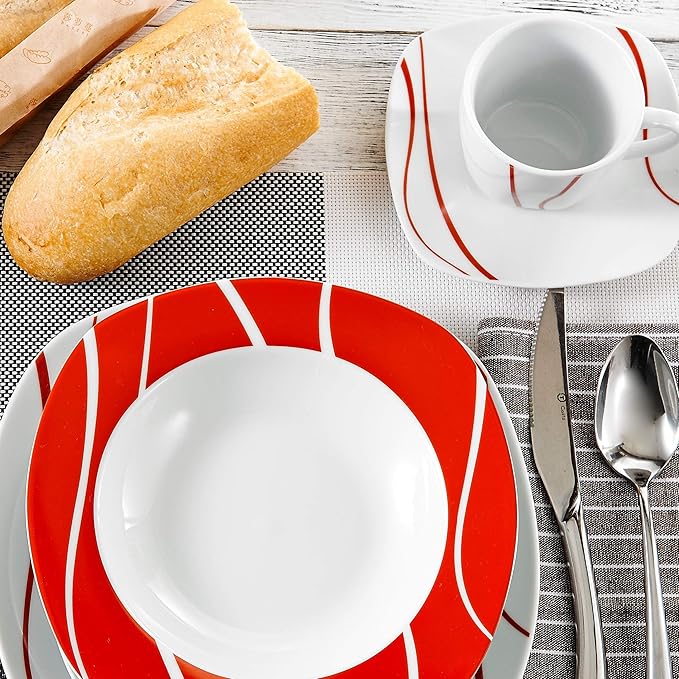 Unknown1 30-Piece Red Stripes Dinner Sets (Service for 6) White Stripe Modern Contemporary Round Ceramic 30 Piece Dishwasher Safe