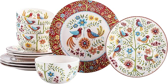 Bico Red Spring Bird Ceramic 12 pcs Dinnerware Set Service for 4 Inclusive of 11 inch Dinner Plates 8.75 inch Salad Plates and 26oz Cereal Bowls for Party Microwave &amp Dishwasher Safe