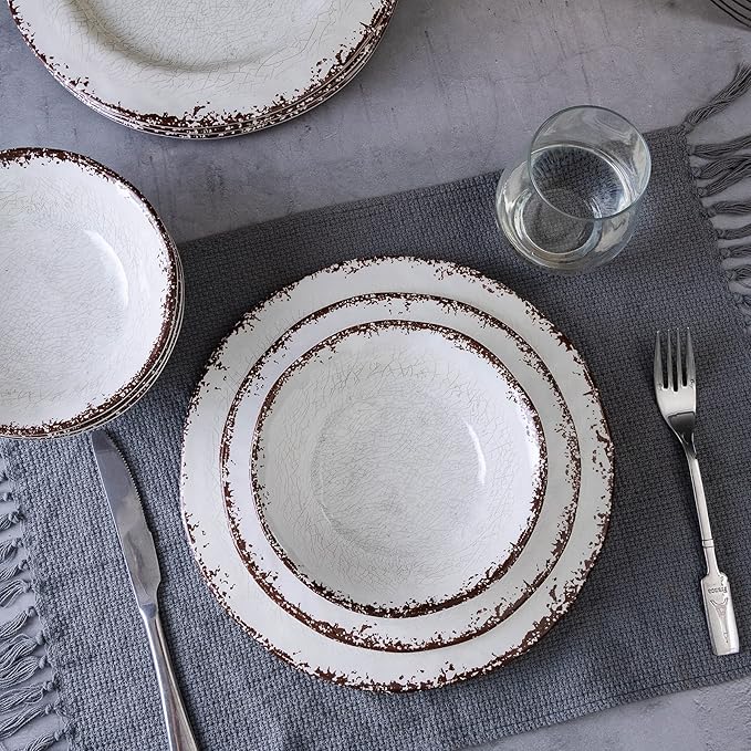 LEHAHA Vintage White Melamine Dinnerware set-12 Piece Lightweight Unbreakable Outdoor Camper Plates/Dishes and Bowls Set Service for 4 Dishwasher Safe…