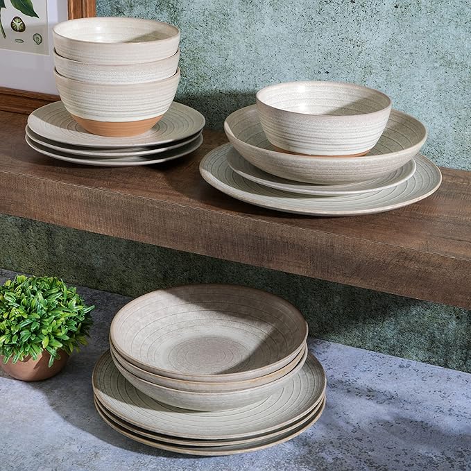 Gibson Elite 16 Piece Dreamweaver Double Bowl Terracotta Reactive Dinnerware Set - Sand Cream Service for 4 (16pcs)
