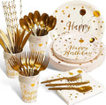200 pieces of white and gold birthday party supplies disposable happy birthday tableware set gold plastic knives forks spoons straws. Birthday themed tray cup25Guests（white）