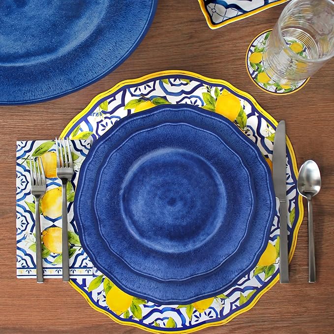 Le Cadeaux 12 Piece Luxury Melamine Dinnerware Set Service for 4 (Campania Blue)
