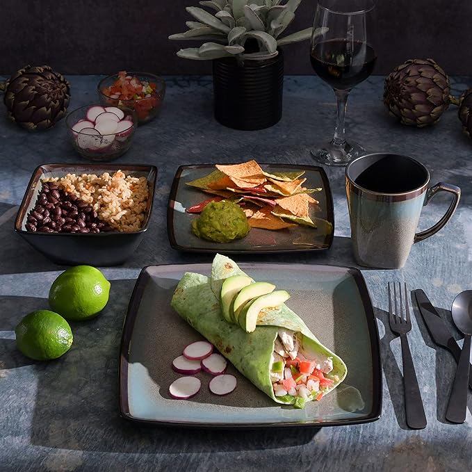 Gibson Elite Tequesta Square Reactive Glaze Stoneware Plates and Bowls Dishes Dinnerware Set Service for 4 (16pcs) Taupe