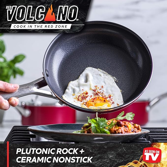 Textured Ceramic Nonstick 8 Frying Pan Skillet with Stainless Steel Handles PFAS PFOA &amp PTFE Free Dishwasher Safe Oven &amp Broiler Safe to 600 Degrees Red