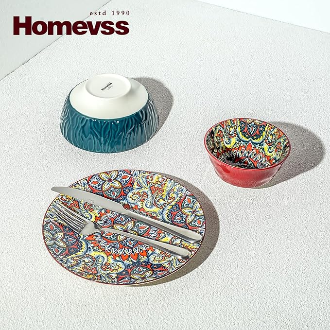 Homevss Boho 10 Pieces Dinnerware Sets Plates and Bowls Set Porcelain Dishes Set for 2 Microwave and Dishwasher Safe Scratch Resistant Bohemian Style Dining Ware Mixed Colors of Green &amp Red