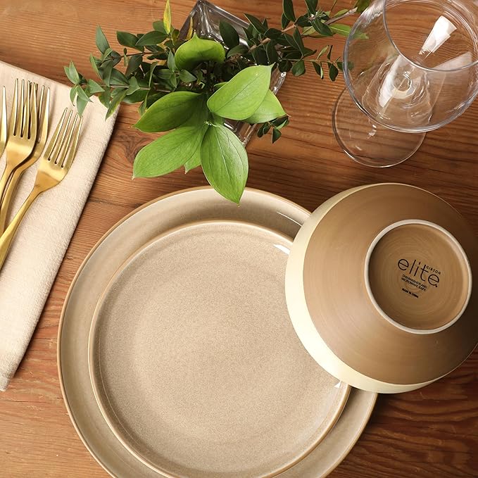 Gibson Elite Octavia Place 16 Piece Stoneware Dinnerware Set Service for 4 Coupe Modern Plates &amp Bowls Reactive Glaze Finish Taupe Microwave &amp Dishwasher Safe