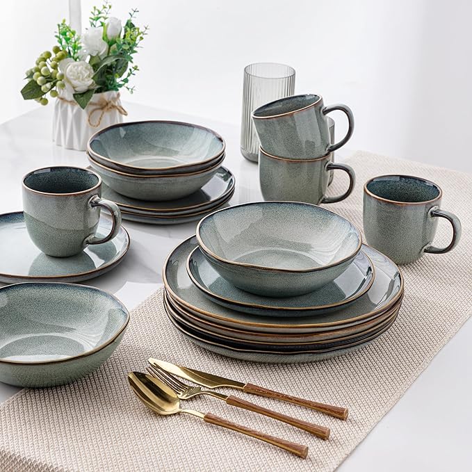 AmorArc Ceramic Dinnerware SetsHandmade Reactive Glaze Stoneware Plates and Bowls SetsHighly Scratch Resistant | Dishwasher &amp Microwave Safe Dishes SetService for 4 (16pc)