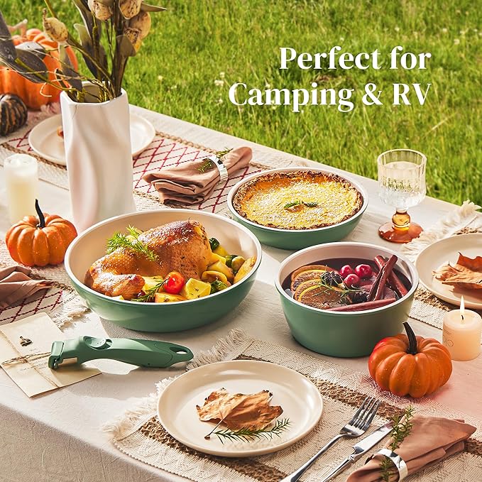 Redchef 16pcs Ceramic Pots and Pans Set Non Stick Nonstick Ceramic Cookware Set with Detachable Handle Non Toxic PFAS PFOA &amp PTFE Free RV Cookware for Camping Dishwasher/Oven Safe (Green)