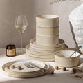 GBHOME 12-Piece Stoneware Dinnerware Set for 4 – Ribbed Ceramic Plates and Bowls Scratch-Resistant Microwave &amp Dishwasher Safe Reactive Glaze Oatmeal Veil