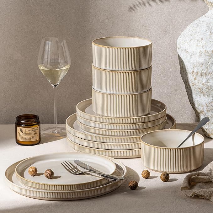 GBHOME 12-Piece Stoneware Dinnerware Set for 4 – Ribbed Ceramic Plates and Bowls Scratch-Resistant Microwave &amp Dishwasher Safe Reactive Glaze Oatmeal Veil