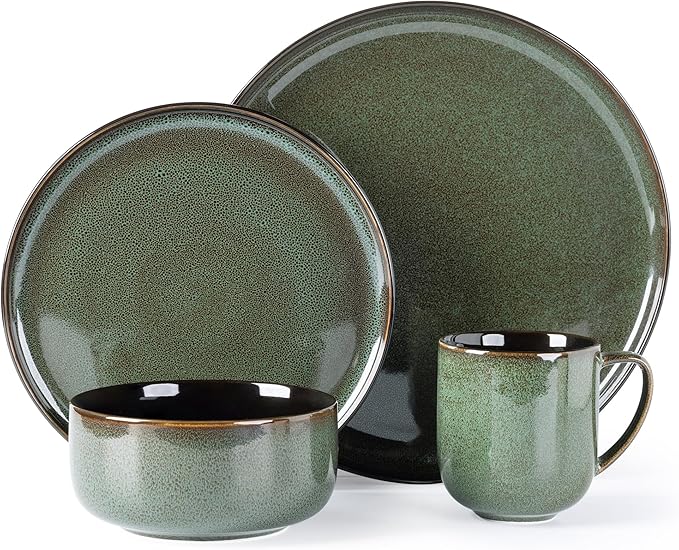 LERATIO Ceramic Dinnerware Sets for 416-PieceReactive Glaze Plates and Bowls Set with MugsHighly Chip and Crack Resistant | DishwasherMicrowave &amp Oven Safe Dishes set-Green