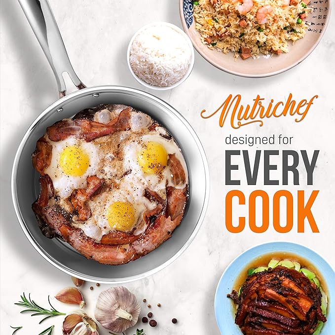 NutriChef 8 Pcs. Stainless Steel Cookware Set - Kitchenware Pots &amp Pans Set Stylish Kitchen Cookware w/Cast SS Handle Tri-Ply Authentic Copper for Saucepan Casserole Frying Pan Lids - NCCW8SS