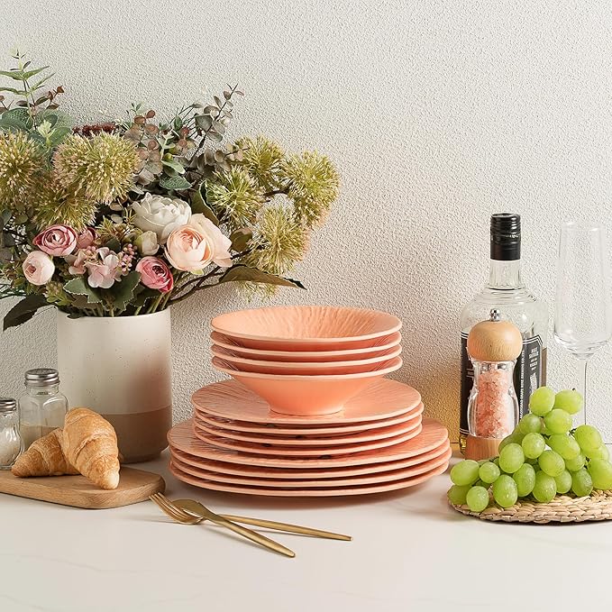 MissYIP 12 Pcs Dinner Set - Unbreakable Dishwasher Safe Plates &amp Bowls - Ideal for Parties &amp Camping (Orange)