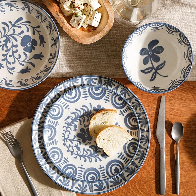 Bloomhouse - 2-Time Oprah’s Favorite Things - Valencia Flor 16 Piece Dinnerware Set Artisanal Decorated Stoneware Plates &amp Bowls Service for 4 Microwave &amp Dishwasher Safe Iris Blue
