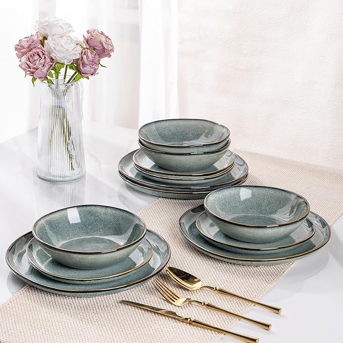 AmorArc Ceramic Dinnerware SetsHandmade Reactive Glaze Stoneware Plates and Bowls SetsHighly Scratch Resistant | Dishwasher &amp Microwave Safe Dishes SetService for 4 (12pc)