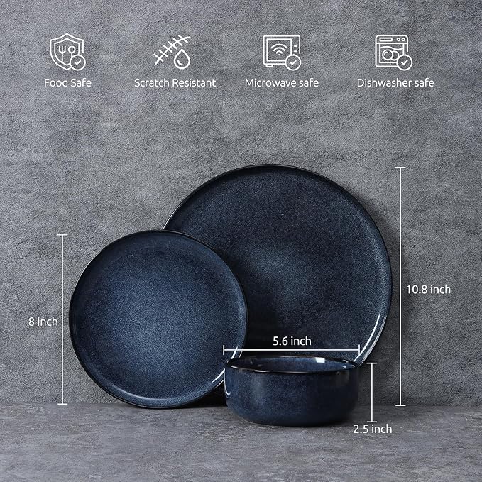 E-far Dinnerware Sets for 4 16-Piece Stoneware Plates and Bowls Set Reactive Glaze Dishes Dinning Ware Set Chip &amp Scratch Resistant Microwave &amp Dishwasher Safe - Deep Sea Blue