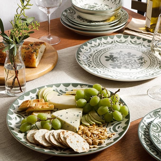 Bloomhouse - 2-Time Oprah’s Favorite Things - Valencia Flor 2 Piece 13” Serving Platter Set Stoneware Platters Mediterranean Floral Decal Design Microwave &amp Dishwasher Safe Fern Green