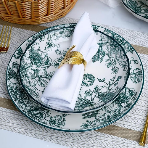 12-Piece Floral Porcelain Dinnerware Set Service for 4 Green Pattern Plates and Bowls Microwave and Dishwasher Safe