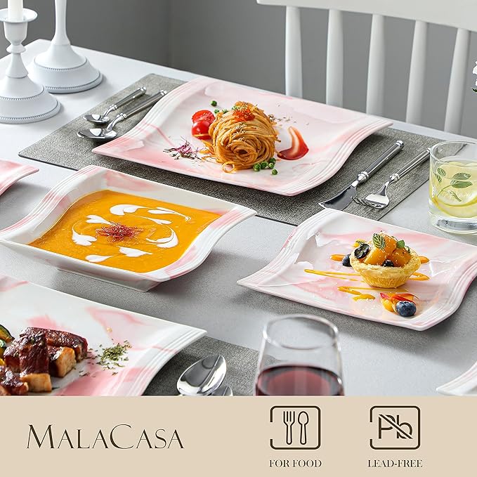 MALACASA Dinnerware Sets 30-Piece Pink Plates and Bowls Sets for 6 Porcelain Dinnerware Set with Plates and Bowls Cups and Sacuers Square Dish Set Modern Dining Ware Set Series Flora