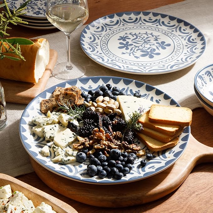 Bloomhouse - 2-Time Oprah’s Favorite Things - Valencia Flor 2 Piece 13” Serving Platter Set Stoneware Platters Mediterranean Floral Decal Design Microwave &amp Dishwasher Safe Iris Blue