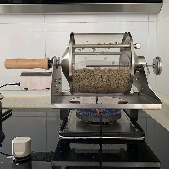 Coffee Roaster Gas Burner Coffee Roasting Machine for Home Use 400g Capacity Quartz Glass Drum Stainless Steel Frame Peanut and Nut Roaster