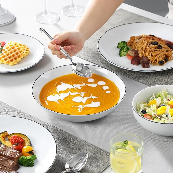 MALACASA 24-Piece Gourmet Porcelain Dinnerware Sets Modern White with Black Rim Round Dish Set for 6 - Premium Serving Plates and Bowls Sets for Dessert Salad Soup Pasta - Series AMELIA