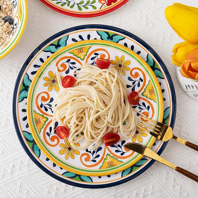 12 pcs Talavera Melamine Dinnerware Set Service for 4 Melamine Plates and Bowls Set Unbreakable Dishes Dinnerware Set Great for RVs Camping BPA Free and Dishwasher Safe