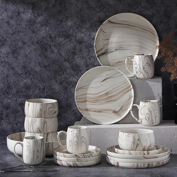 Marble Pattern Dinnerware Set 16 Piece Ceramic Dishes and Mugs Modern Swirl Design Beige and Brown
