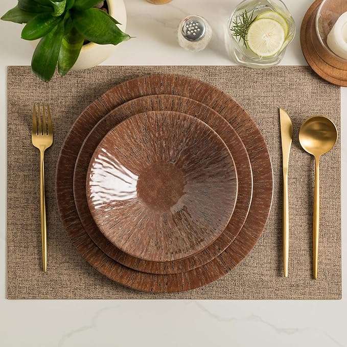 MissYIP 12 Pcs Unbreakable Dinnerware Set - Service for 4 Dishwasher Safe Plates and Bowls - Ideal for Party Camping Indoor &amp Outdoor Use (Brown)