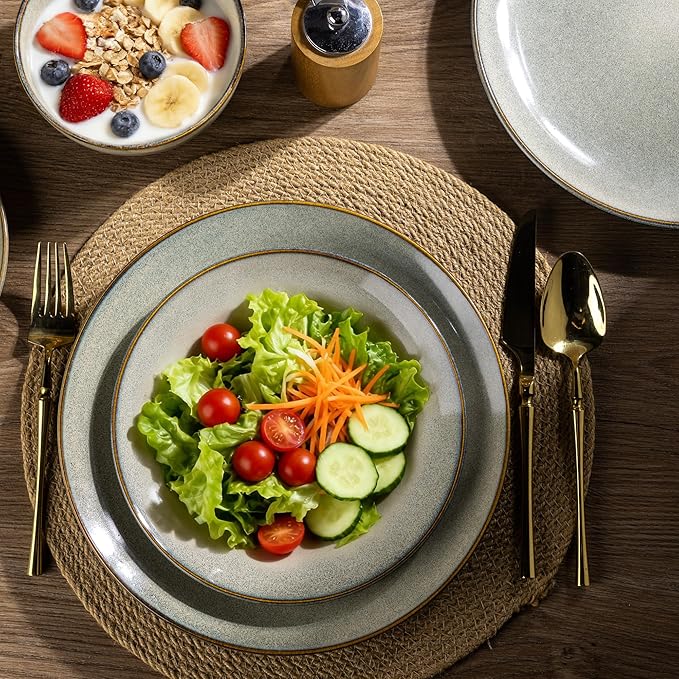 AmorArc Ceramic Dinnerware Sets for 8 24 Pieces Handpainted Stoneware Plates and Bowls Set Scratch Resistant Dishes Set Dishwasher &amp Microwave Safe Reactive Color