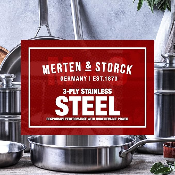 Merten &amp Storck Tri-Ply Stainless Steel 14 Piece Cookware Pots &amp Pans SetProfessional CookingMulti CladMeasurement MarkingsDrip-Free Pouring EdgesDurable Glass LidsInductionOven&ampDis