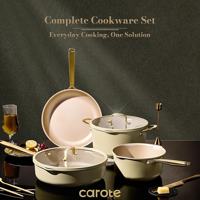 CAROTE 19Pcs Pots and Pans Set Non Stick Induction Cookware Sets with Durable Cast Steel Handle Oven-Safe Pots and Pans with Cooking Utensils PFOS/PFOA Free Dishwasher Safe Aluminum