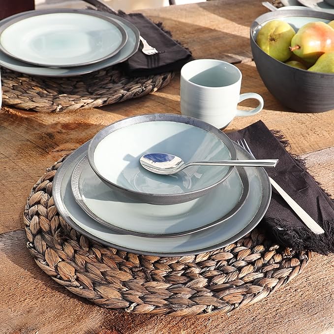 Euro Ceramica Euro Ceramica DIA-1001 Diana 16 Piece Modern Dinnerware Set Dinner Salad Plate Soup Bowl Mug Service for 4 Mint Green/Graphic Grey