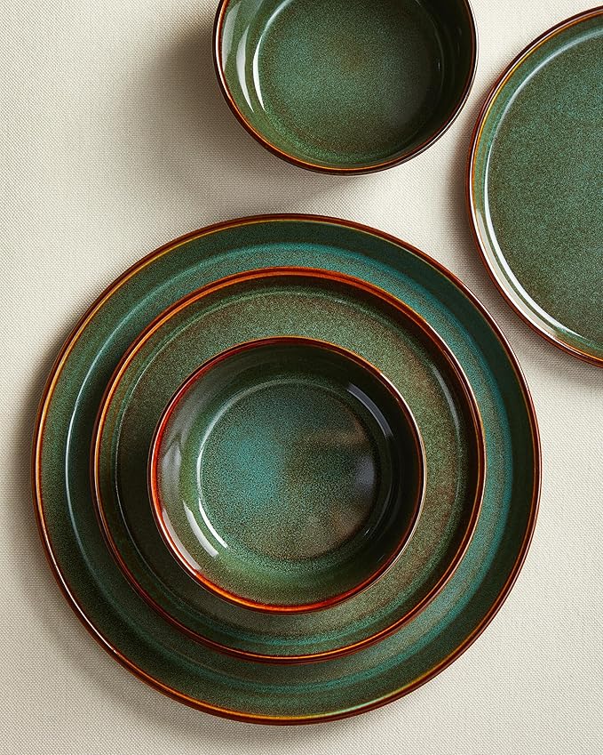 14 Pieces Dinnerware Sets with Serving Platters Brown Green