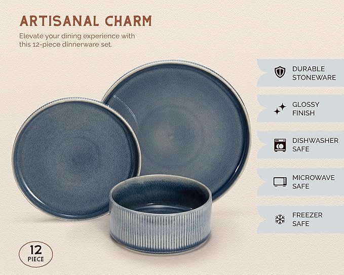 Ceramic Dinnerware Set by Vase and Vessel 12-Piece Service for 4 9.8” Dinner Plates 8” Salad Plates 20 oz Bowls Ombre Reactive Glaze Durable Stoneware Microwave &amp Dishwasher (Denim)