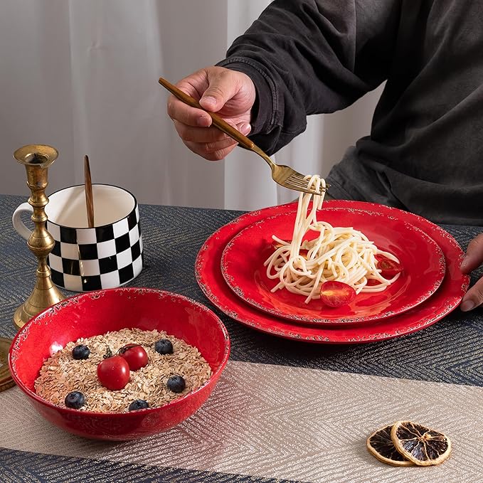 12 Piece Farmhouse Melamine Dinnerware Sets Service For 4 Rustic Crackled Plates and Bowls Sets Melamine Dishes Set for ChristmasWedding Set of 4 Camping Dishes Red