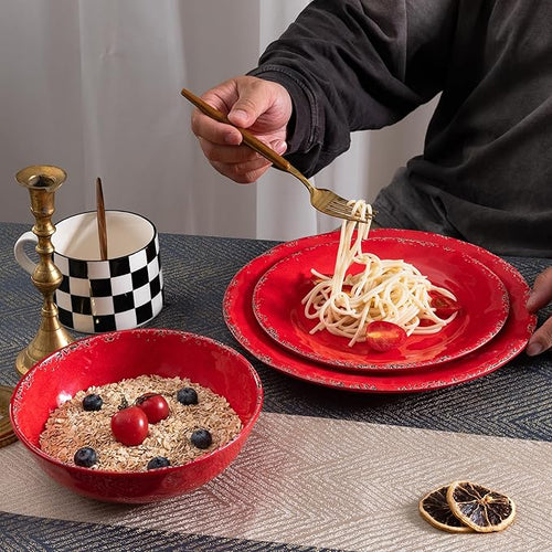 12 Piece Farmhouse Melamine Dinnerware Sets Service For 4 Rustic Crackled Plates and Bowls Sets Melamine Dishes Set for ChristmasWedding Set of 4 Camping Dishes Red