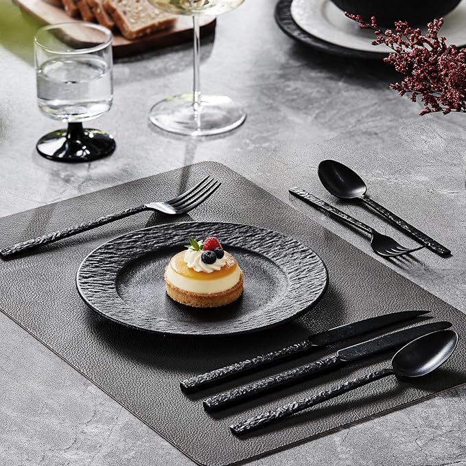 KINGSTONE 24 Pcs Black Hammered Silverware Set with Steak Knives for 4 18/10 Stainless Steel Heavy Duty Flatware Set Tableware Cutlery Utensil Sets for Home Restaurant Dishwasher Safe