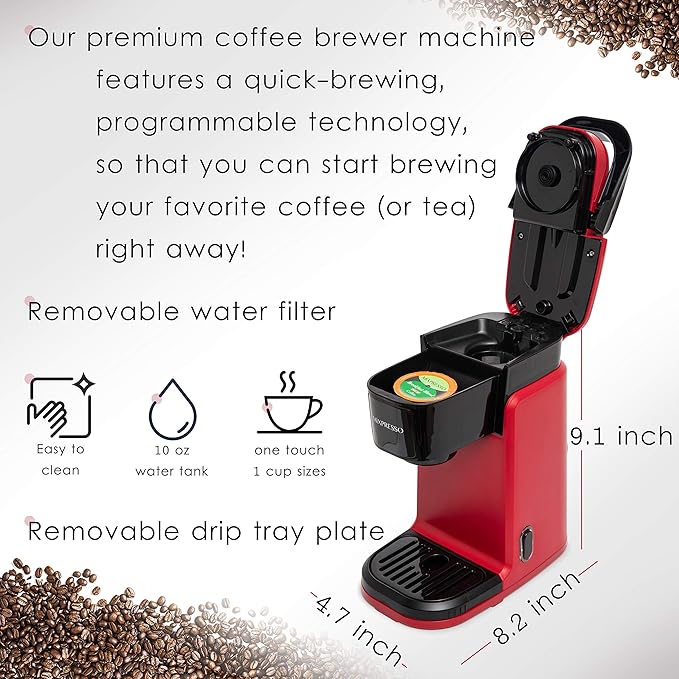 Mixpresso Red Single Serve Coffee Maker for K Capsule Compact Mini Coffee Maker 800 Watt Coffee Machine for Pods or Ground Fast Brew Auto Shut Off 12 Oz Brew Size for Travel Office RV and Dorm