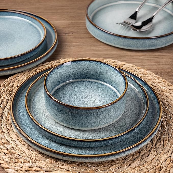 GBHOME Ceramic Dinnerware Sets for 4 12 Pieces Stoneware Plates and Bowls Sets Reactive Glaze Dishes -Scratch Resistant Dishwasher&ampMicrowave Safe