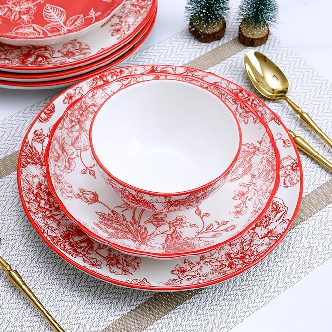 12-Piece Dinnerware Set with Red and White Plates Service for 4 Microwave and Dishwasher Safe